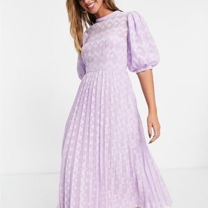 ASOS | high neck pleated chevron textured midi dress with puff sleeve in lilac